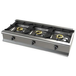 Fogão de mesa a gás com 3 queimadores 8+8+8+8 Kw SerIe 550  com dimensões 1200x550x240h mm