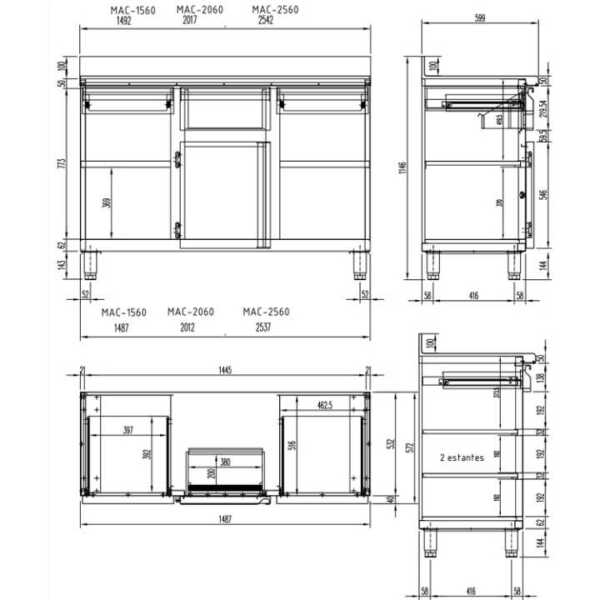 mesas de estante para cafeteria e mesas refrigeradas de balcão